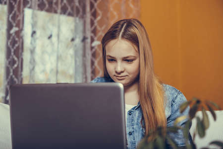 Cute teenage girl is studying on her laptop, preparing for an exam while sitting on the couch at home.の写真素材