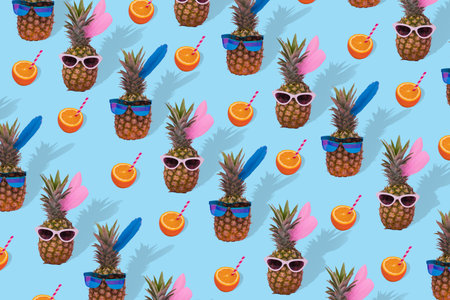 Fashion and trend. Female and male pineapple hipster in sunglasses, stylish fruit pattern. Minimal...