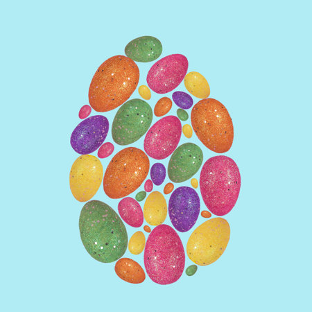 Trendy Easter egg made with colorful eggs on pastel pink background. Minimal easter concept....