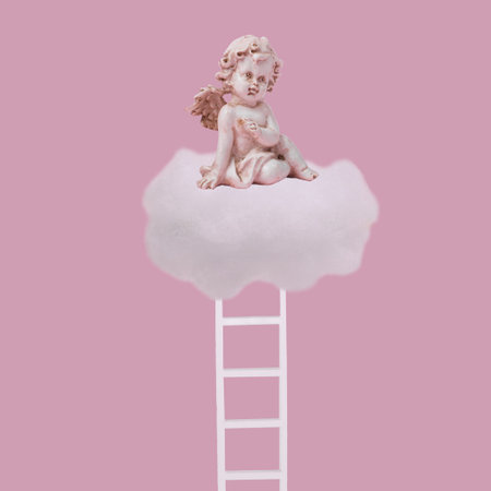 Creative idea made with angel sitting on white cloud and ladder on pastel pink background. Minimal concept of  love, dreams, faith, future, success and opportunity.の写真素材