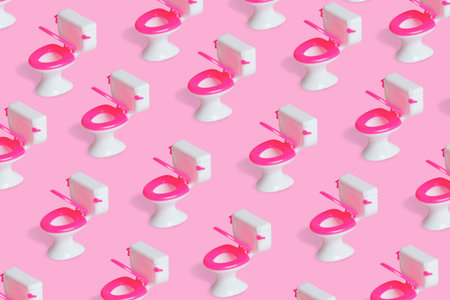 Simple pattern with a toilet bowl on bright pink background. Creative fun idea of hygiene,...