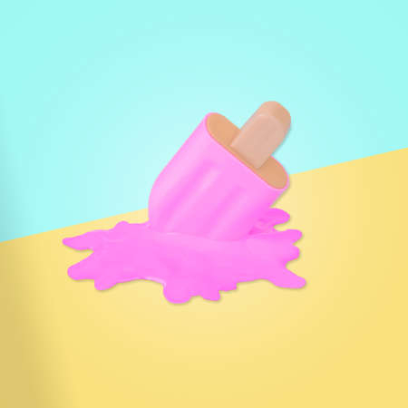 Pink stick ice cream melting on pastel yellow and blue background. Creative idea, minimal summer concept.の写真素材