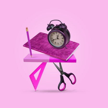 Levitating school supplies. Creative layout made of notebook, pencil, ruler, scissors and clock...
