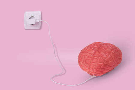 Creative idea made from the human brain and power charger. Charging for brain. Minimal, conceptual art. Recharge brain concept.の写真素材