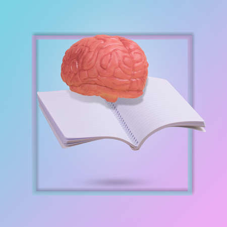 Creative idea made from a notebook and a human brain floating in the air on background illuminated by a blue and pink color gradient with frame. Minimal, conceptual art.の写真素材