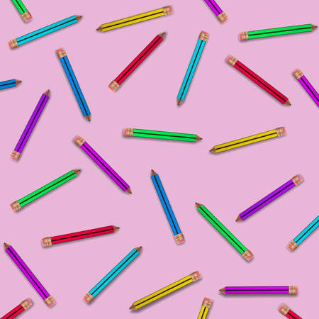 Back to school background. Color pencils pattern on a pink background. Creative minimal concept.の写真素材