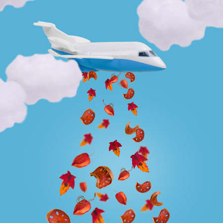 Creative idea made from an airplane that brings and leaves dry leaves and pieces of sliced pumpkin on a pastel blue background. Minimal fun autumn composition.の写真素材