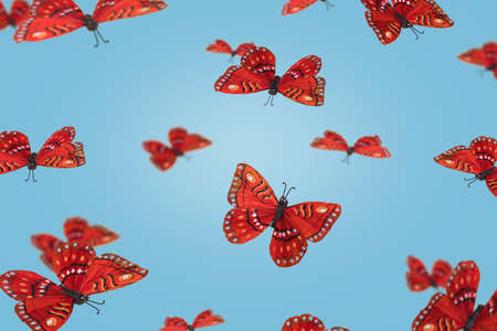 Pattern with beautiful butterflies on blue background. Suitable for curtains, wallpaper, fabrics, wrapping paper. Minimal nature conceptの写真素材
