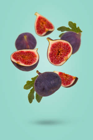 Fresh ripe whole and sliced figs flying in air isolated on pastel green background. Creative food concept. Vegetarian diet idea.の写真素材
