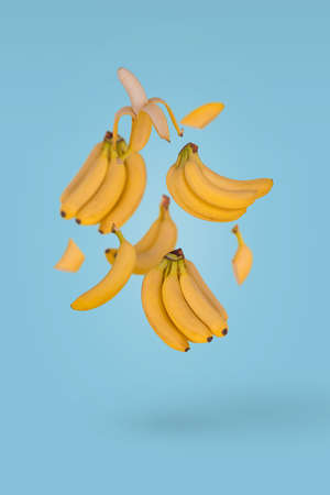 Lots fresh bananas flying in air isolated on a blue background. Minimal fruit concept.の写真素材