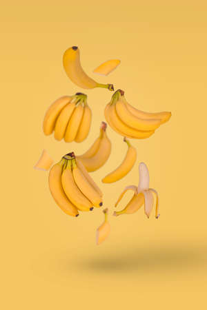 Lots fresh bananas flying in air isolated on a pastel yellow background. Minimal fruit concept.の写真素材