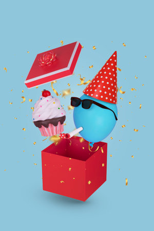 Red gift box and  funny balloon with sunglasses,  party hat, whistle and cupcake on blue background. Minimal birthday party concept.の写真素材