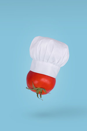 Tomato with Chef hat on pastel blue background. Minimal food concept. Creative idea to produce work within an advertising marketing communications or artwork design.の写真素材