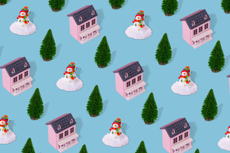 Suburban winter landscape minimal pattern concept with pink house, Christmas tree and snowman on a...