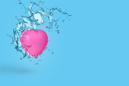 Creative minimal scene made of pink heart and and water splash. Valentine's  Day or a love and romantic concept.の写真素材