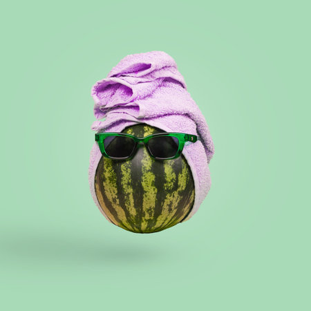 Funny stylish attractive watermelon in sunglasses and a towel on a green background. Minimal tropical summer vacation concept.の写真素材