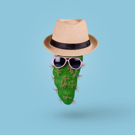Green cactus in trendy sunglasses wearing hat on a blue background. Minimal Summer concept.