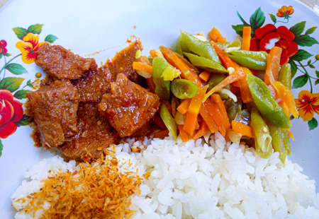 Close-up, beef rendang with green beans and carrots and rice on a plate, a traditional Indonesian food usually served at weddings at banquetsの写真素材