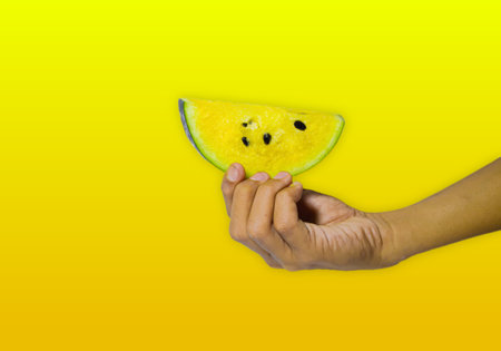 each hand holding a delicious and healthy yellow watermelon isolated on a yellow background. the benefits of watermelon help heart health and nourish the body's skinの写真素材