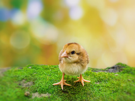 the yellow chicks newborn with blurry summer nature background, bokeh. decorative and creative design.
selective focus on chicksの写真素材