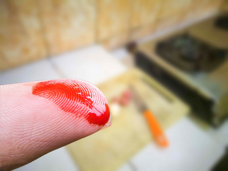 close up, bloody fingers when cutting vegetables for cooking ingredients. the concept of carelessness while cookingの写真素材