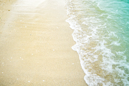 Peaceful blue green sea waves shore. Ocean coast view. photo beachfront. Seaside exotic tropical nature landscape .Focus on beach waveの写真素材