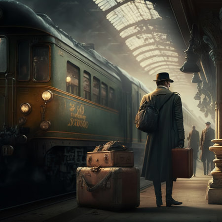 Young man in a hat and coat with a suitcase in an old train stationの写真素材