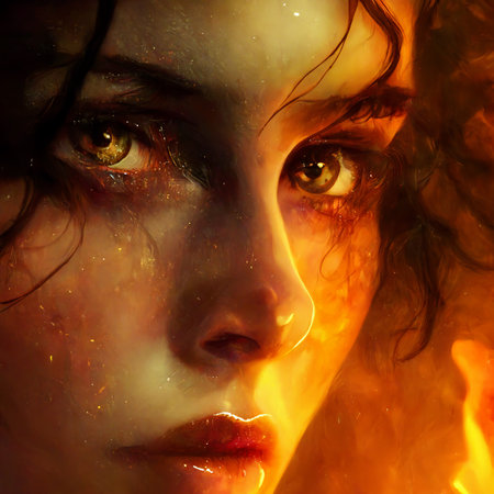 Mysterious girl with fire on her face. Fantasy portrait.の写真素材