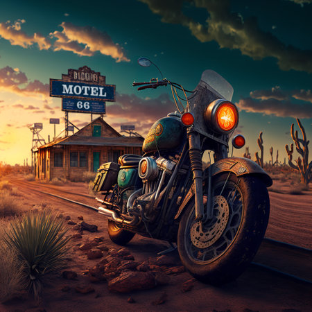 Vintage motorcycle in the desert at sunset. 3D illustration.の写真素材