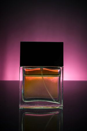 Glass perfume bottle on a dark reflective backgroundの写真素材