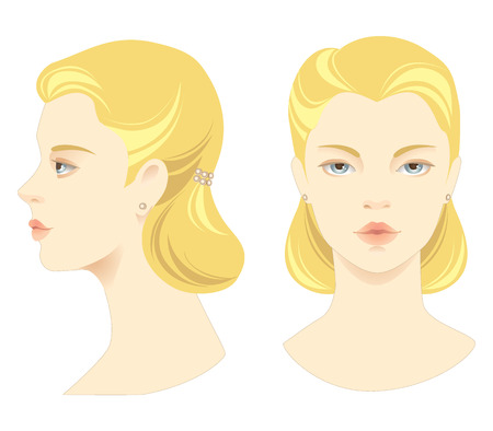 Beauty girl face. Face in front. Face in profileのイラスト素材
