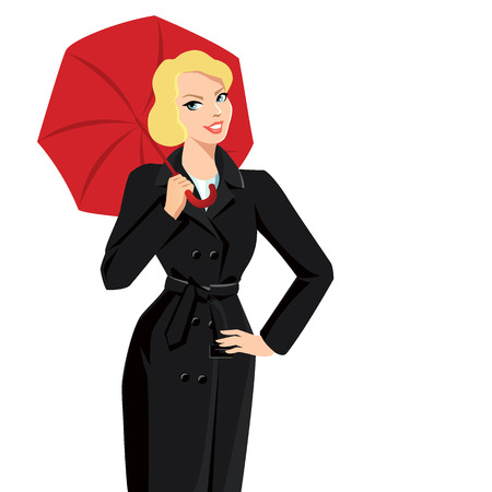 Pretty girl in trench-coat with umbrellaのイラスト素材