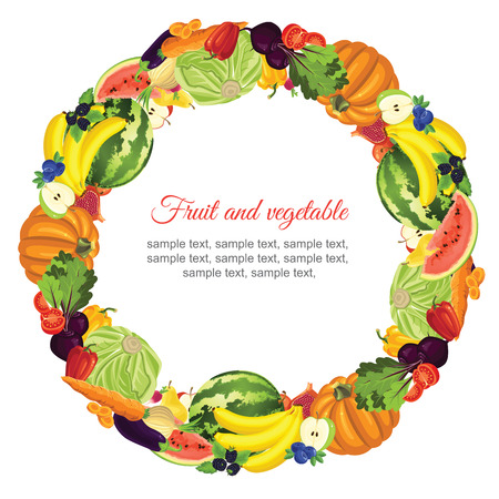Round ornament with various vegetable, fruit and berriesのイラスト素材