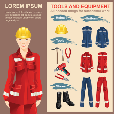 Set of work hand tools. Vector illustration of electric screwdriver or drill. Woman worker in protective wear and helmet. Set of protective wear, shoes and yellow safety helmetのイラスト素材