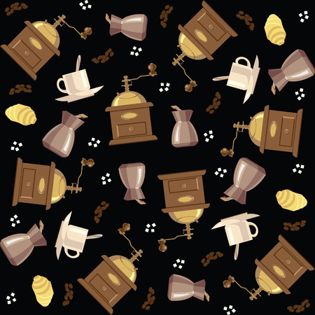 Coffee pattern. Coffee mill, coffee, sugar, cup on black background. Vector illustrationのイラスト素材
