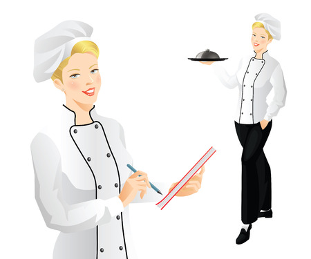 Pretty woman cook chief holding tray in her hand. The cook chief takes an order.のイラスト素材