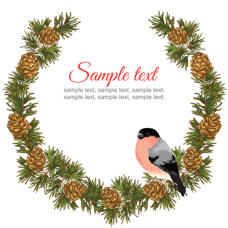 Merry christmas or new year card. Garland with fir cone border on color background. Bullfinch on fir treeのイラスト素材