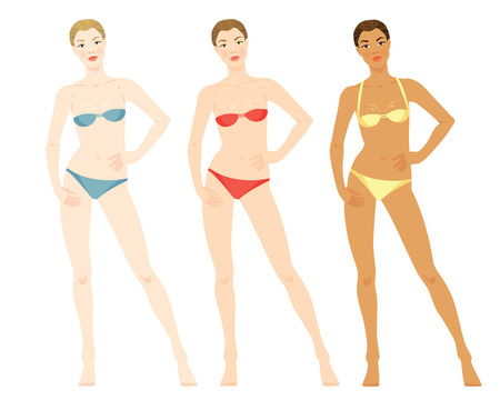 illustration of woman with different skin colors and various bikini color isolated on white background. Body templates.のイラスト素材