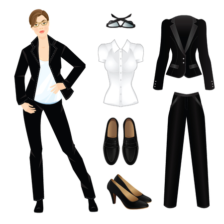 illustration of corporate dress code. Office uniform. Clothes for women. Business woman or professor in official black formal suit. Woman in glasses. Formal black shoes isolated on white.のイラスト素材