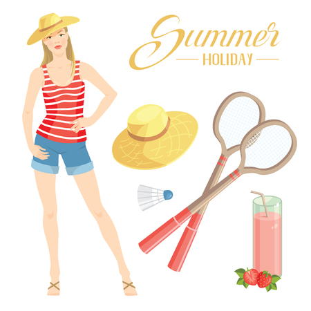 Vector illustration of woman in summer clothes on white background. Pretty girl in red striped shirt and blue shorts of jeans fabric. Set of badminton equipment. Letter of summer holiday.のイラスト素材
