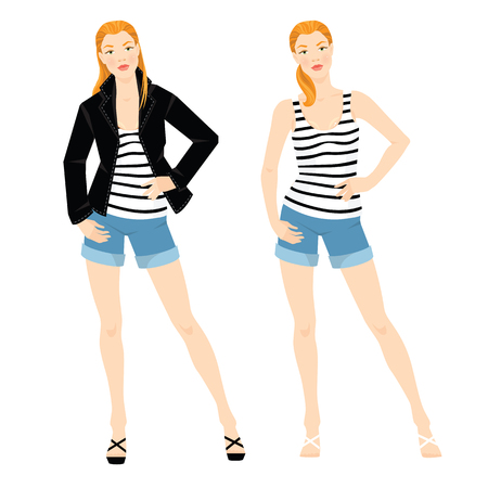 Vector illustration of redhead woman in clothes for summer isolated on white background. Blue shorts of jeans fabric. White striped shirt. Black jacketのイラスト素材