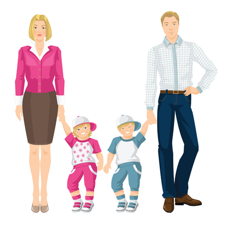 Vector illustration of family isolated on white background. Little boy and little girl with their parents.のイラスト素材