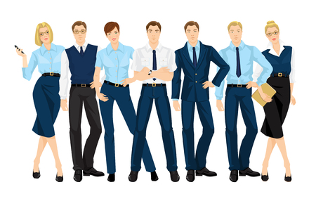 Vector illustration of corporate dress code. Group of business people. Professional man and woman in official blue suits isolated on white background.のイラスト素材