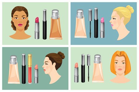 Vector illustration of of cosmetics set. Lipstick, mascara and foundation isolated on white. Face in front and profile. Various turn head.のイラスト素材