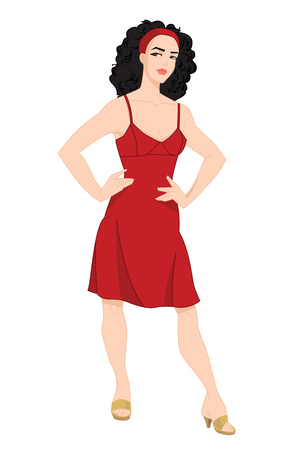 Vector illustration of young woman with curly hair in red dress on white backgroundのイラスト素材
