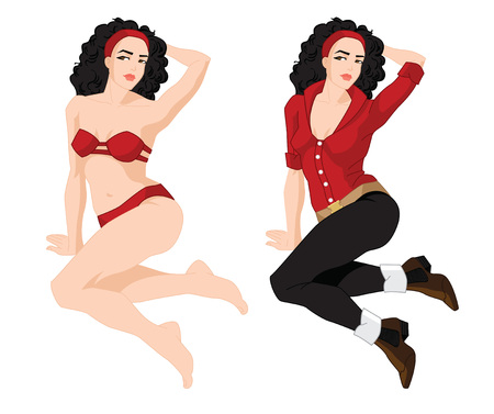 Vector illustration of brunette girl with curly hair in different clothes on white backgroundのイラスト素材