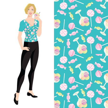 Young blonde woman with bob haircut holding ice cream in her hand. Vector illustration of pattern with deserts on blue background.のイラスト素材