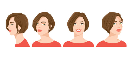 Vector illustration of beautiful woman's face on white background, Various turns heads Face in front and profile.のイラスト素材