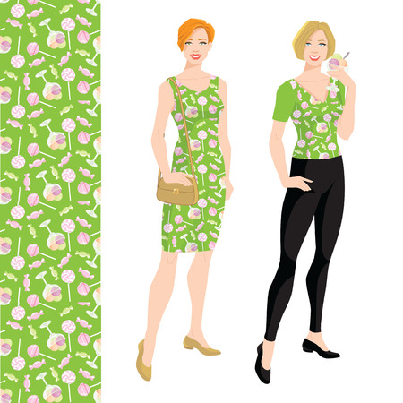 Young blonde woman with bob haircut holding ice cream in her hand. Vector illustration of pattern with deserts on green background.のイラスト素材
