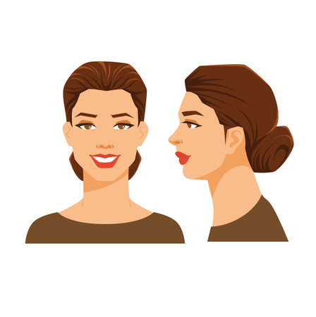 Vector illustration of woman's face on white background. Various turns heads. Face in side view and front view. Women with sheaf hairstyleのイラスト素材